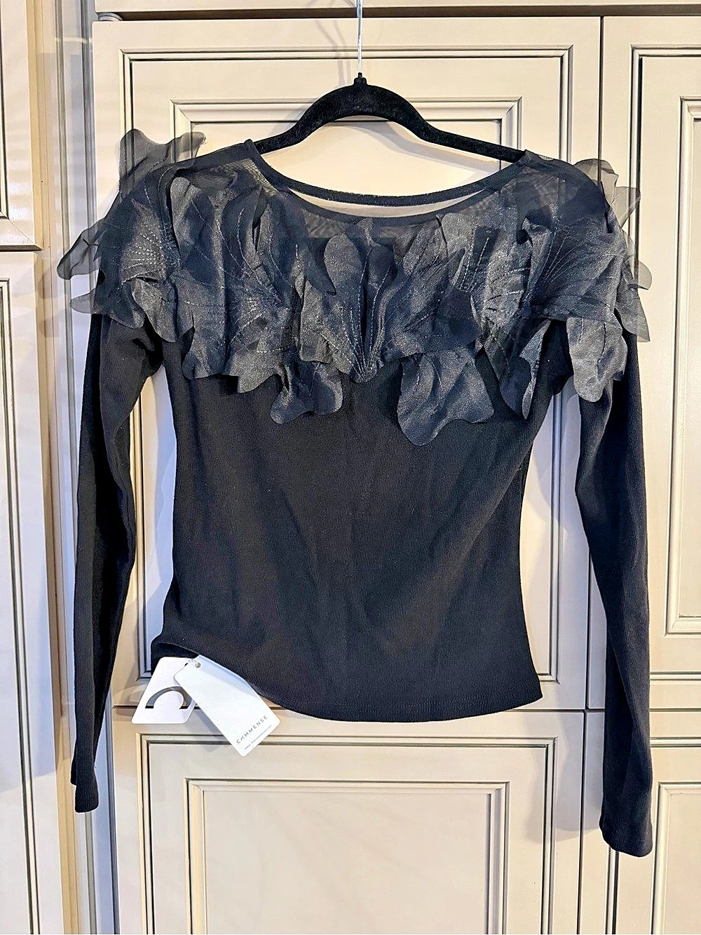 NWT Commense Women’s Black Ruffle Long Sleeve Mesh Blouse Top Dress Shirt Small